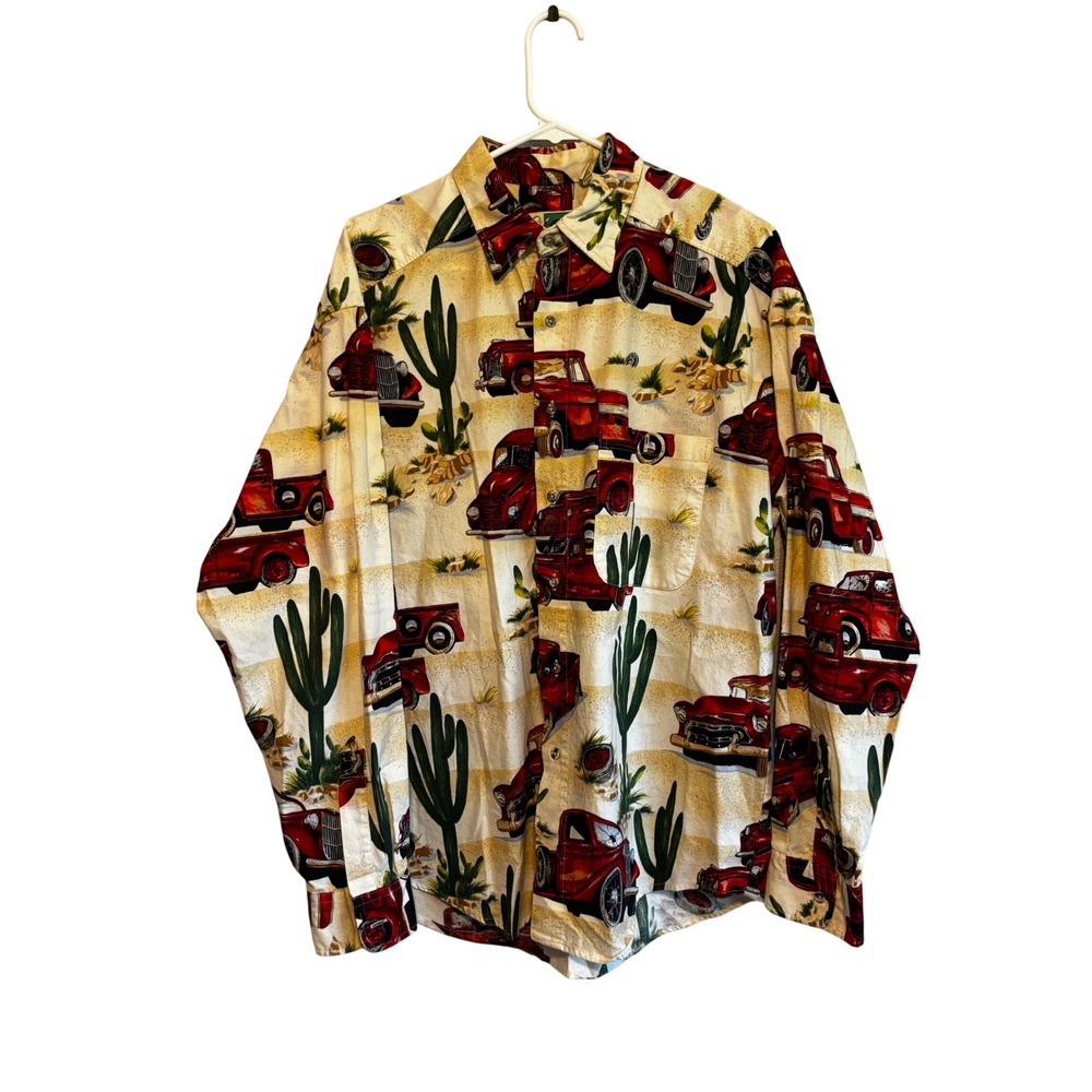 Johnny Cotton Mens Medium Vintage Red Truck Desert Cactus Button Down Shirt USA